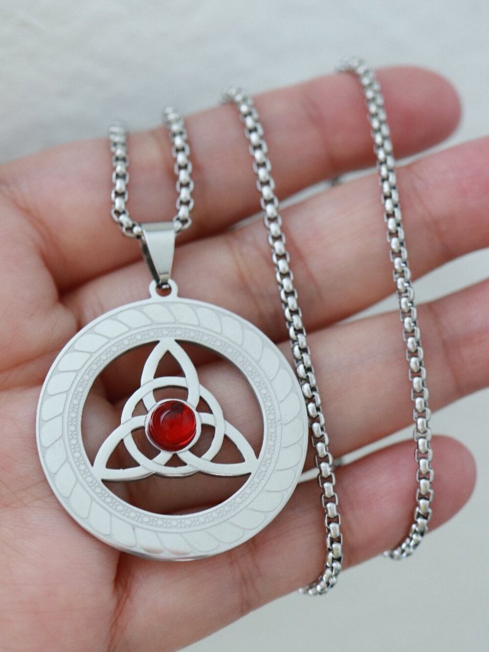 Celtic Knot Pendant Red Center Stone Necklace Silver Stainless Steel